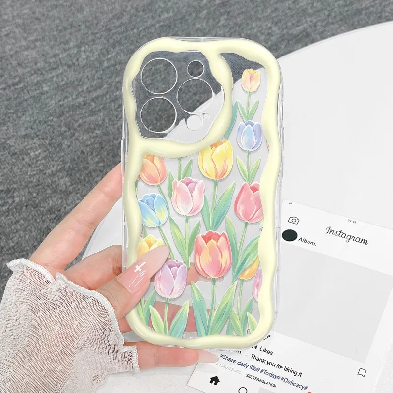 Cute Colorful Tulip Pattern Clear Wave Phone Case For iPhone 11 12 13 14 15 16 17 Pro Max Plus 16e 17e Shockproof Soft Cover view 4