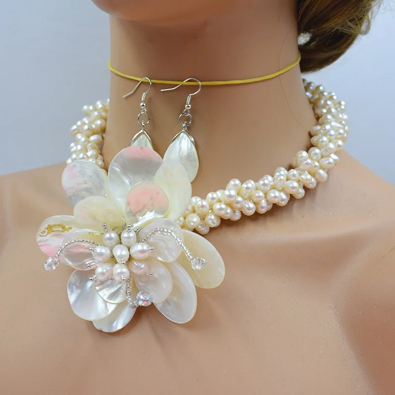 Brand new 4 strand 6MM 100% natural freshwater pearls/ocean shells. Handwoven Flower Necklace/Earring Set 20 