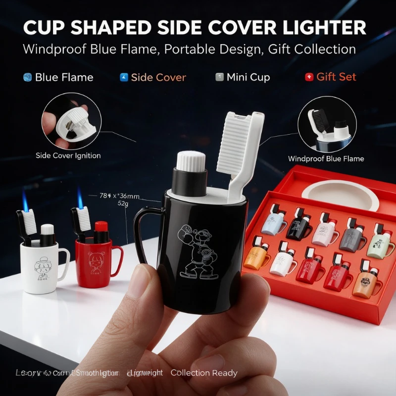 Creative Wash Cup Shaped Butane Torch Lighter, Windproof Blue Flame, Unique Toothbrush Ignition Design, Fun Novelty Gadget Gift