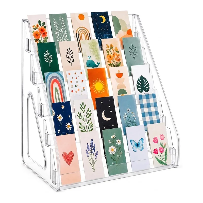 5-Tier Bookmark Display Stand with Tiered Dust-Proof Storage, Transparent Dessert Rack. Ideal for bakers, vendors, cupcake & pastry storage. Portable sticker holder, clear display rack for greeting cards, postcards