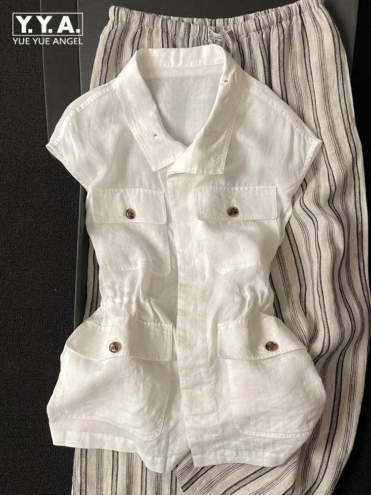 Colete Feminino de Linho Sem Mangas com Gola Dobrável, Casual, Cintura Alta, Estilo Cargo, para Escritório, Moda Verão, Blusa Casual