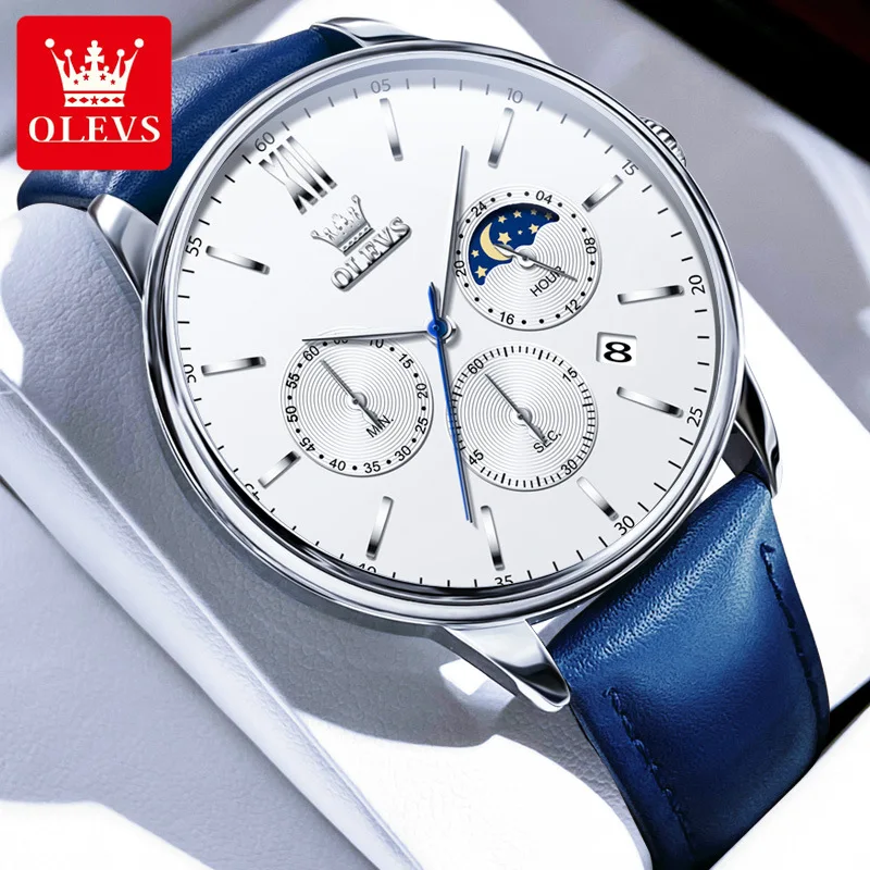 

OLEVS 2922 Classic Men's Watches Three Small Dials Multifunctions Chronograph Watch Waterproof Leather Strap Moon Phase Date