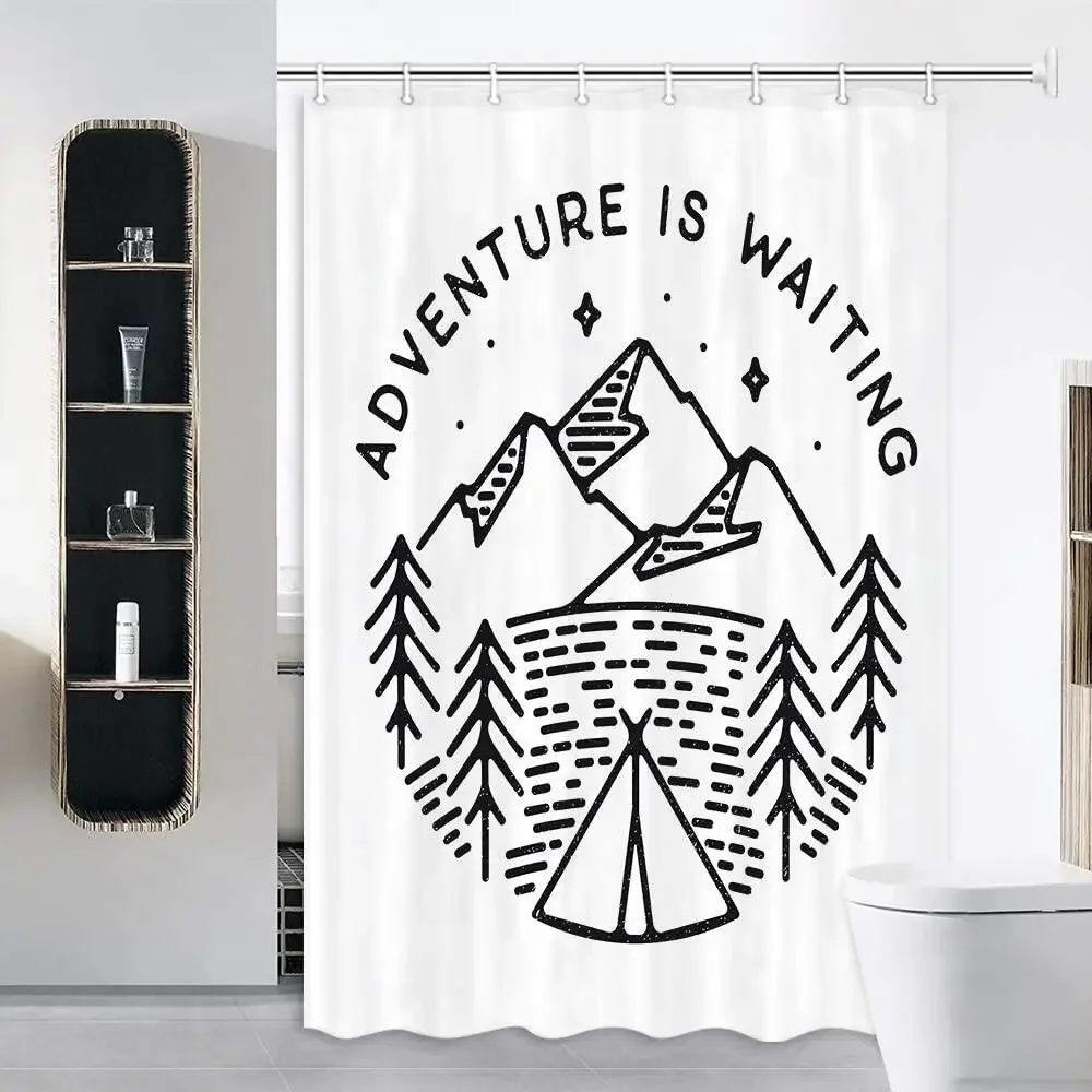 RV Shower Curtains for Camper Trailer Camping Bathroom, Camping Tent with Trees and Mountain printed,with Hooks Bath Curtain Set