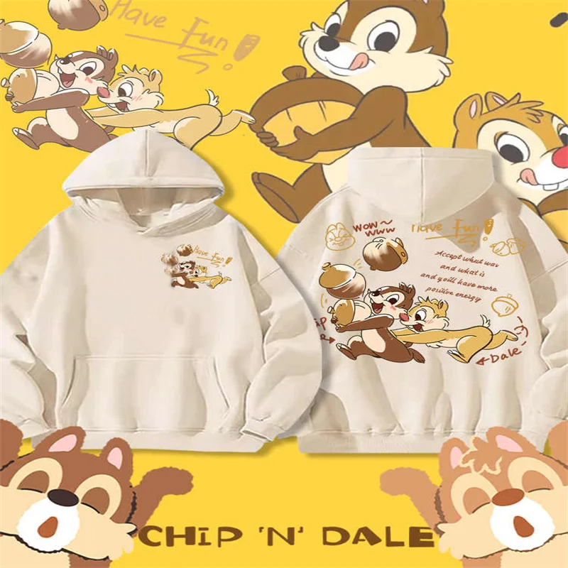 Disney Chip And Dale Sweatshirt Womens Hooded Autumn Cartoon Squirrel Print Pure Cotton Loose Coat Trendy Unisex Long Sleeve Top