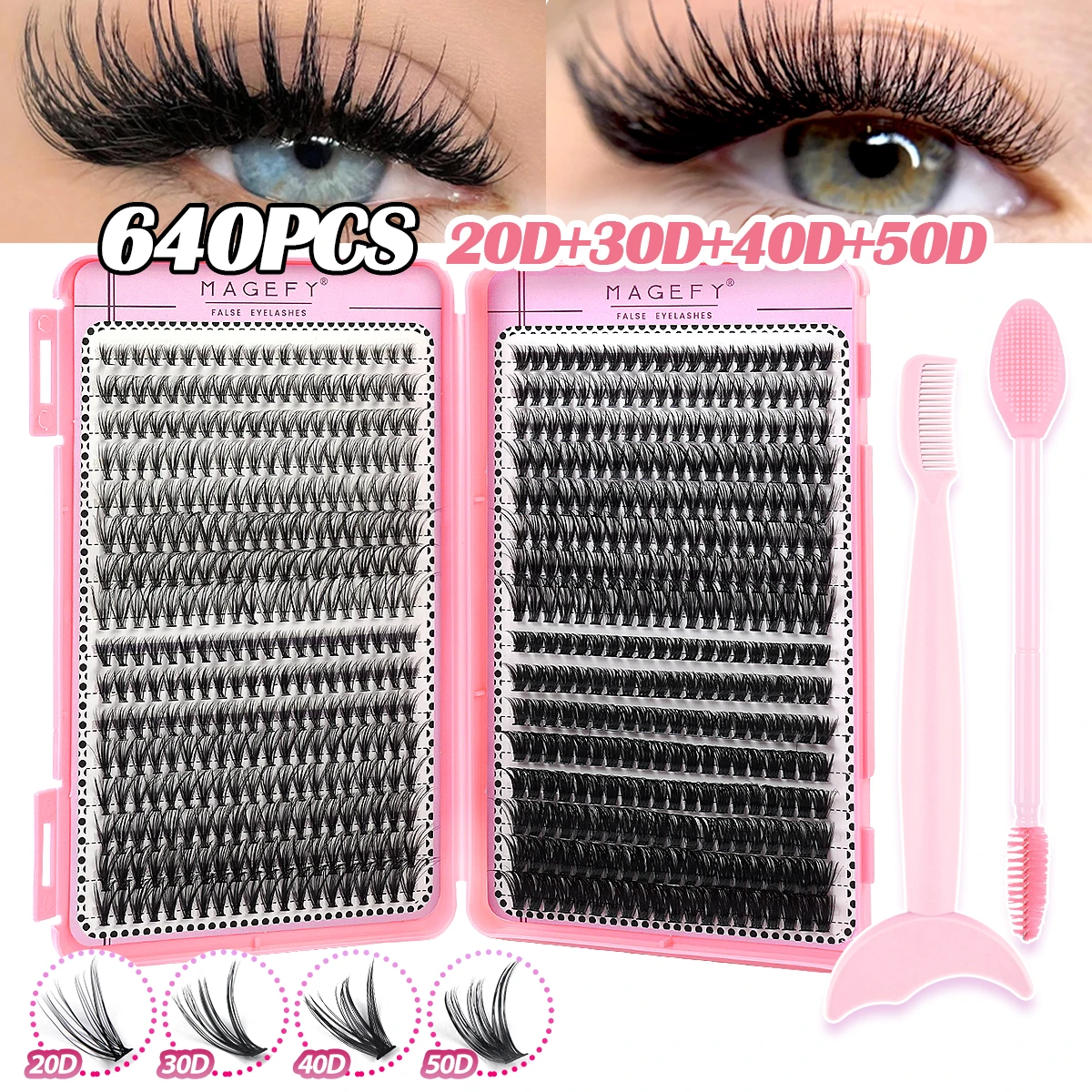 

MAGEFY False Eyelashes Kit of 640 Cluster Individual Lashes with Double ended Eyebrow Brush Eyebrow Comb Cat Eye Lashes Beauty