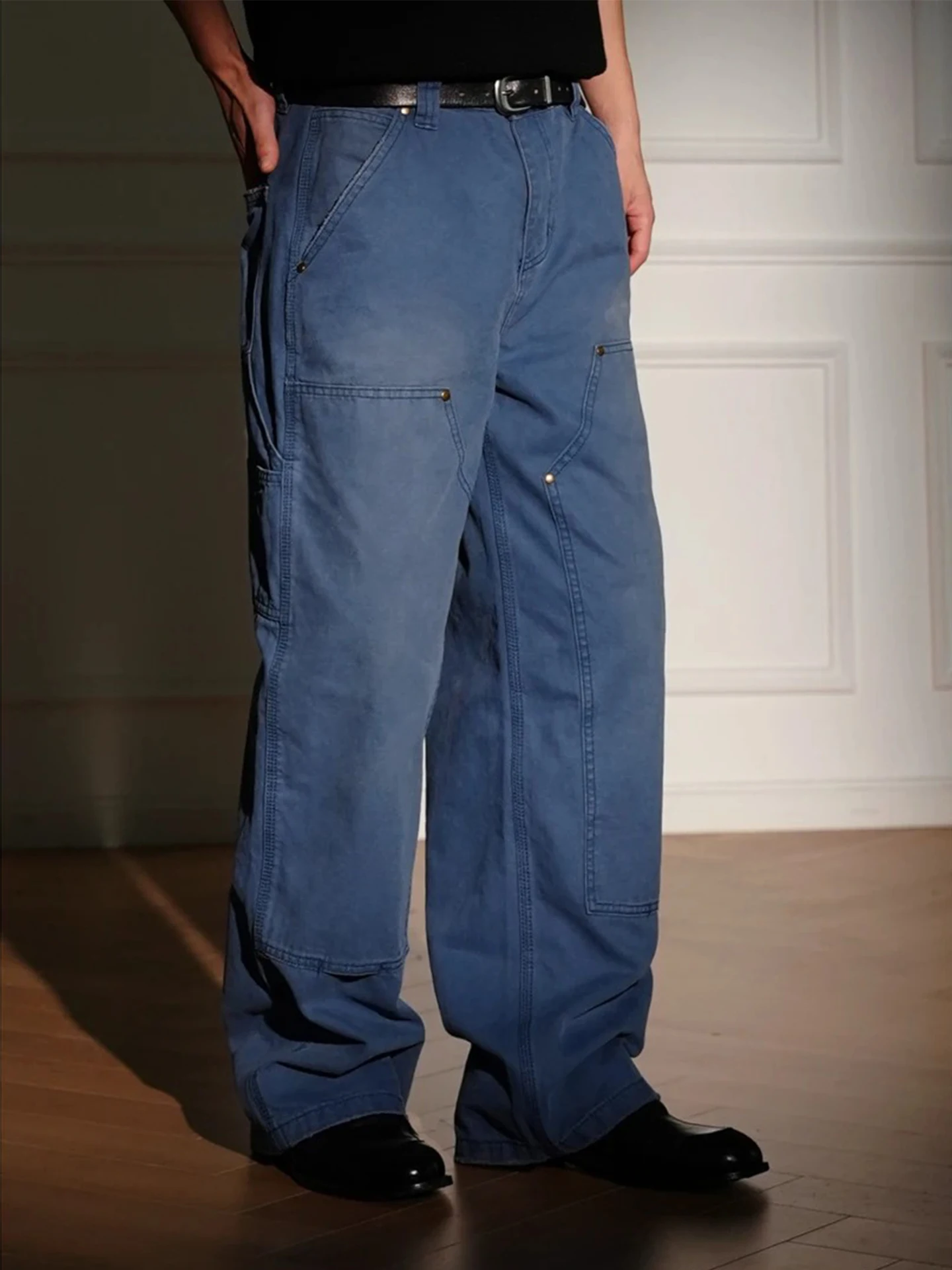 

Deep Blue Workwear Denim Pants Men's Straight Leg Loose Fit Patchwork Deconstructed Sle Casual Comfortable Autumn Wear
