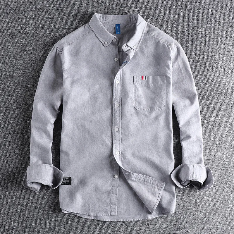 Hong Kong Style Japanese washed Oxford long sleeved shirt men\'s solid color simple versatile top