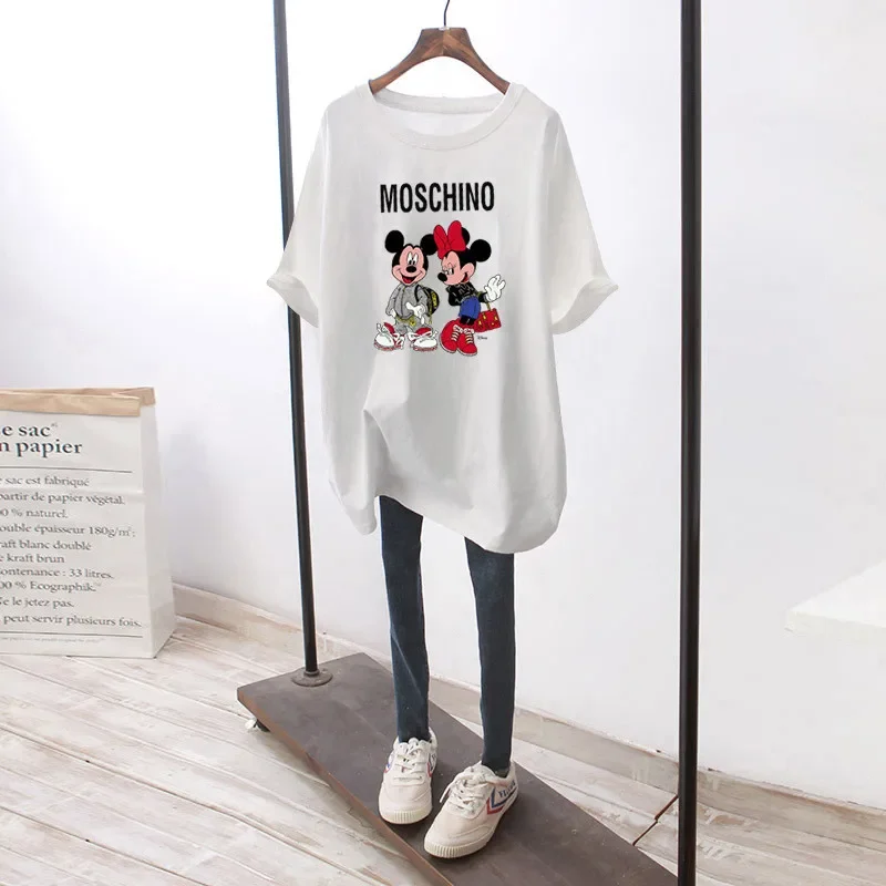 Trendy Printed T-Shirt Women\'s Mickey Minnie Summer Loose Short Sleeve Mid-Length Large Size Fashion T-Shirt Women\'s Clothing