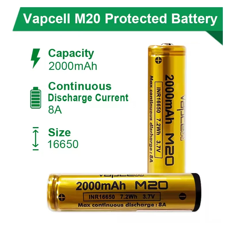 Original Vapcell 16650 M20 Batterie 2000 mah 3,7 V 8A Wiederaufladbare Lithium-Batterie INR 16650 für Taschenlampe Power werkzeug Spielzeug