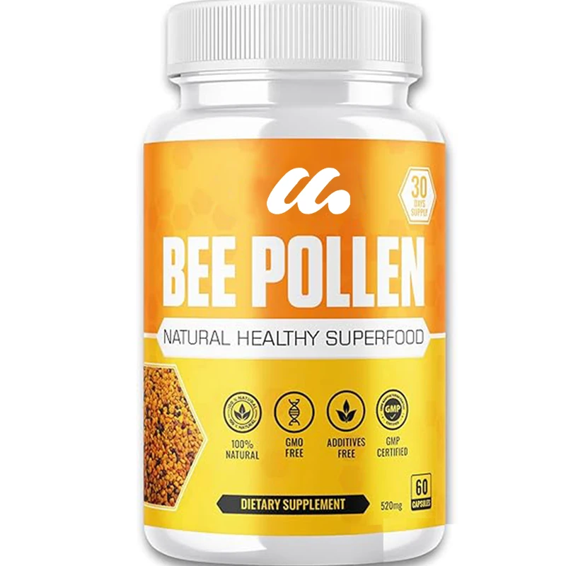 %100 natural bee pollen granule capsules, containing vitamin B, antioxidants, minerals, and protein. Non GMO