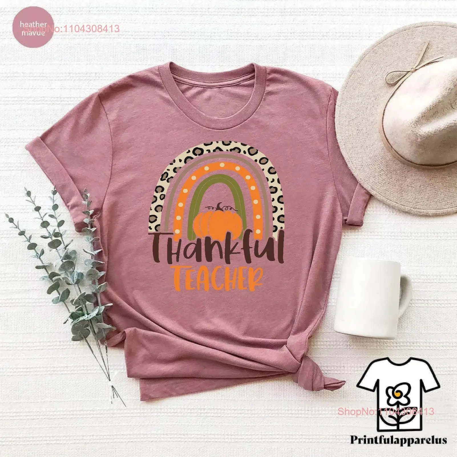 Thankful Teacher T Shirt Thanksgiving Rainbow For Teachers Pumpkin Season Outfit Fall long or short sleeves