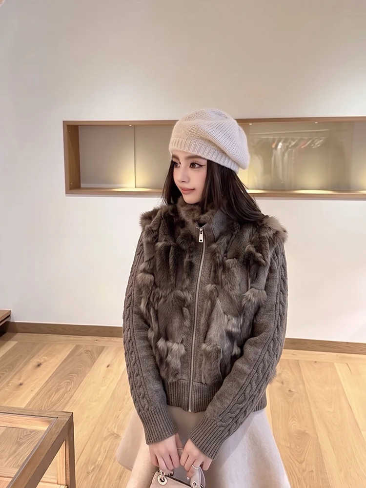Lady fox fur patchwork tweed short coat with collar and zipper - winter faux fur jacket - 2026 new style