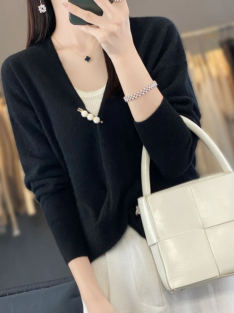 100% Merino Wool Sweater New Women V-neck Cross Collar Pullover Spring Autumn Office Lady Clothing Long Sleeve Knitwear Tops