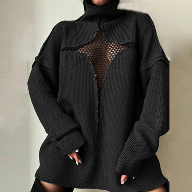 Sexy See-through Mesh Hollow Out Sweater Women High Neck Ribbed Knitting Sweater Autumn Winter Loose Long Tops Pullover Harajuku