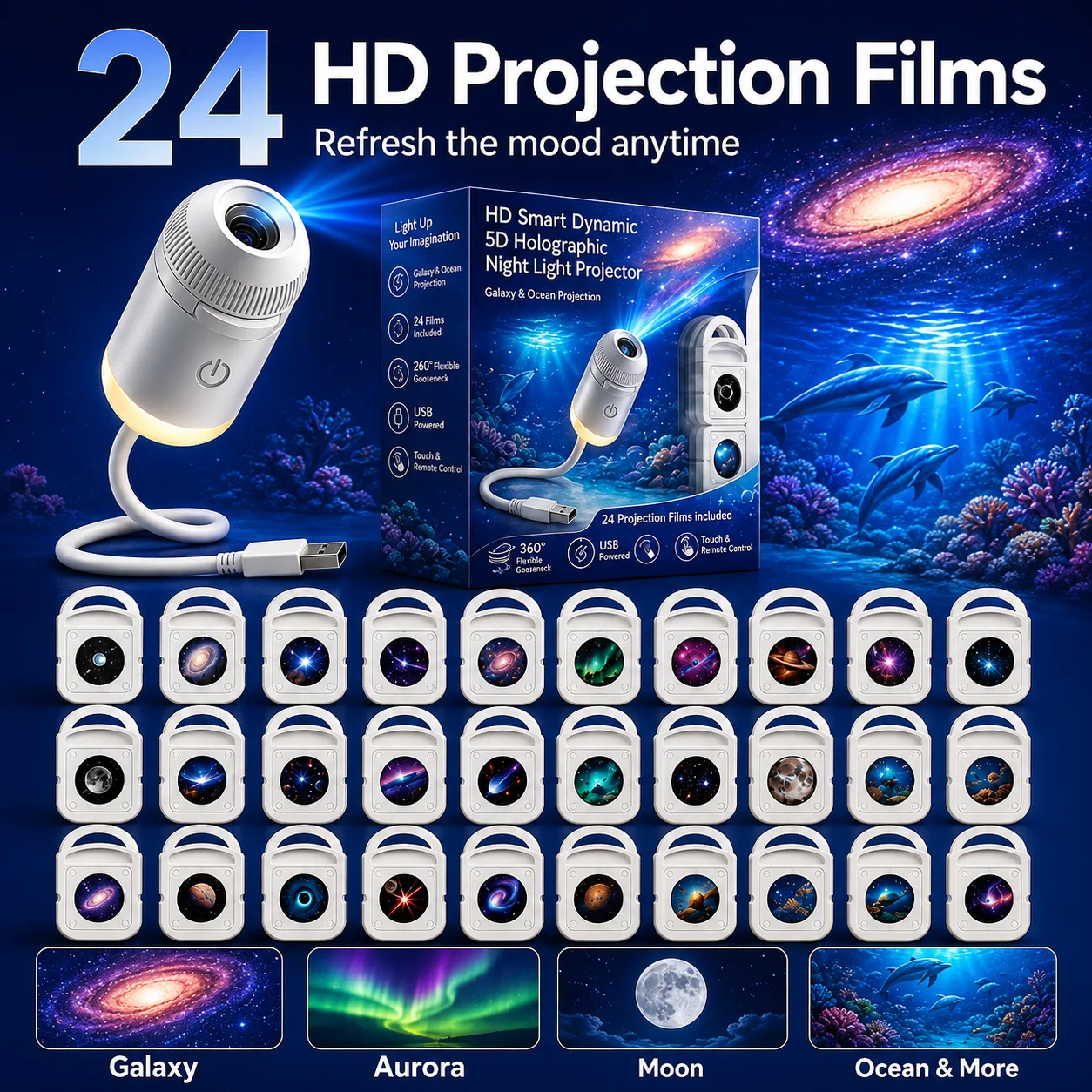 HD 5D Holographic Galaxy Star Ocean Projector Night Light 24 Films USB Powered 2-in-1 Bedroom Decor Lamp