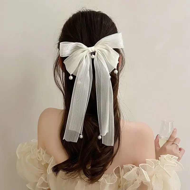 

Korean Style Fashion Long Streamer Pearl Bow Hairpin for Women Girls Headwear Top Clip Ladies Hairgrips Female Hair Accessories