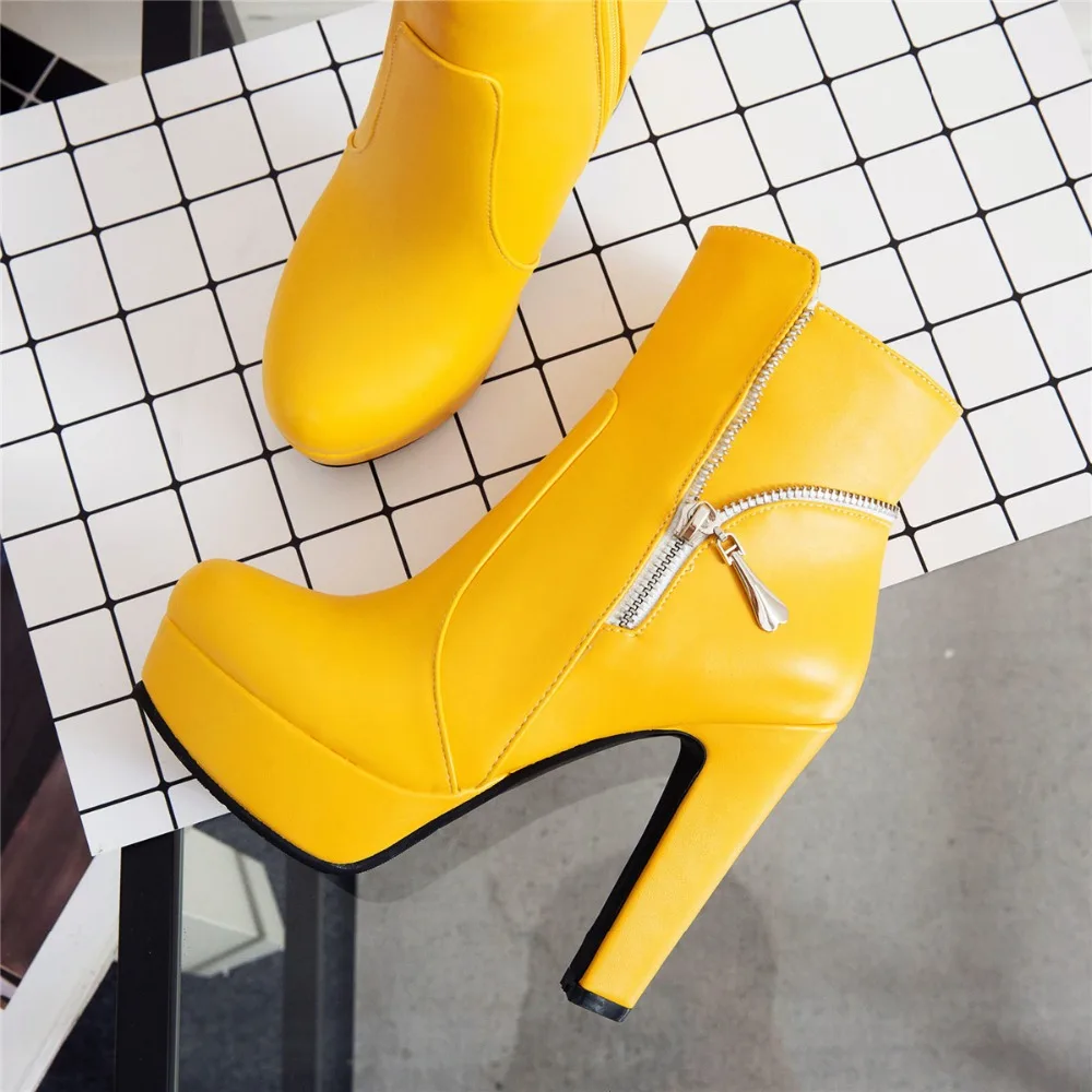 Fashion Women\'s Ankle Boots High Heels Platform Motorcycle Boot Zipper Yellow Black White Short Shoes Female Large Size 45 48