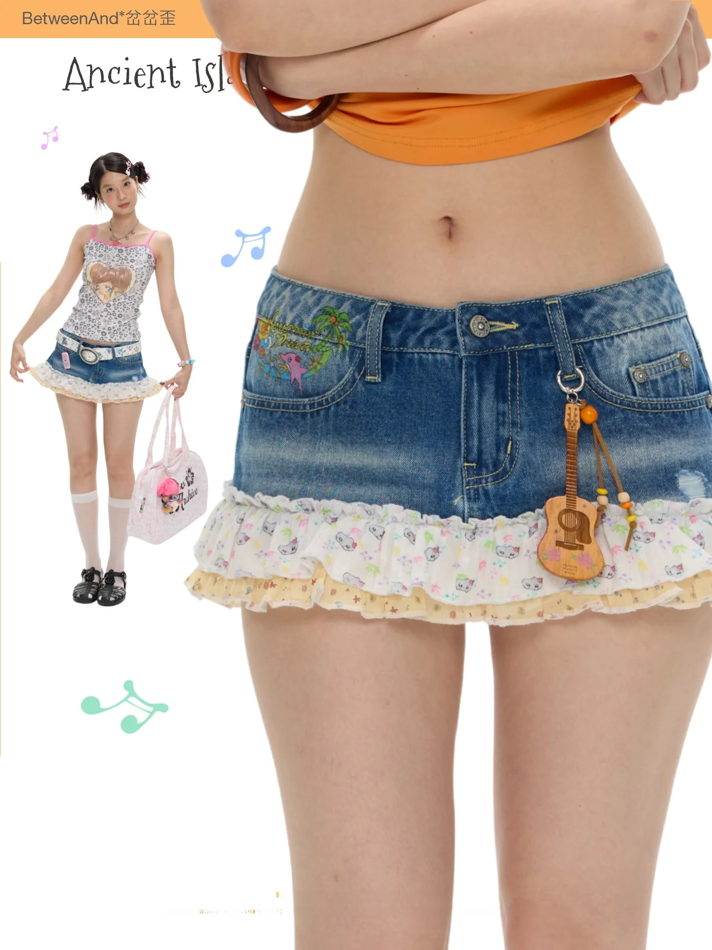 Cute Floral Short Denim Skirt Summer Retro Island Style High Waist Cotton Cake Skirt Betweenand Brand Women's Fashion