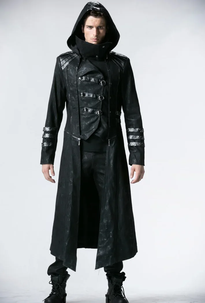 PUNK RAVE Men's Gothic Long Winter Black Adjustable Jackets