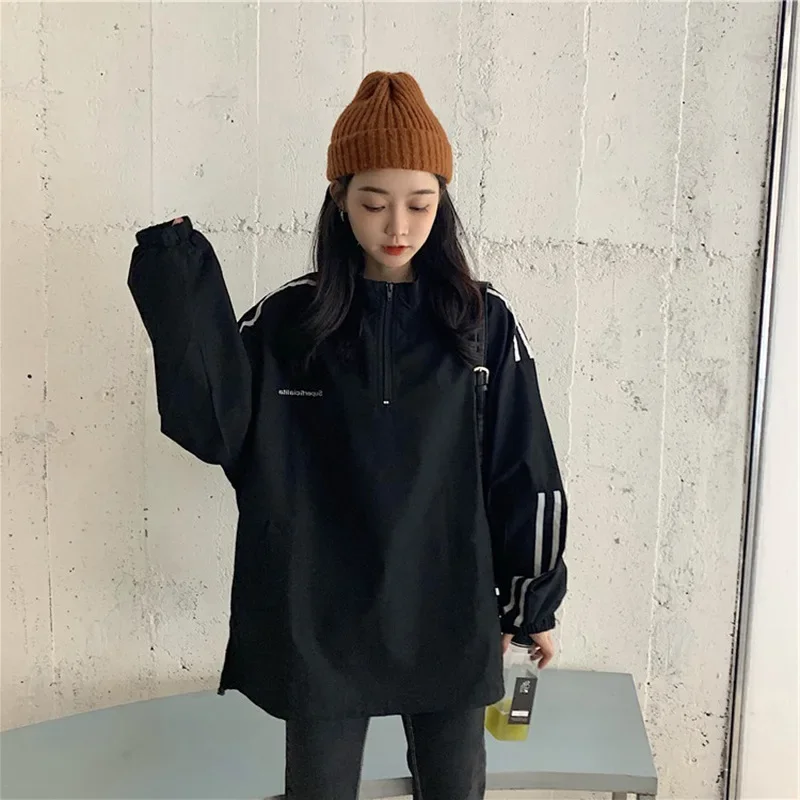 Korean Fashion Striped Cotton Sweatshirt Women Loose Preppy Sporty Hoodie Y2k Streetwear Tender Cozy Outwear Harajuku All-match