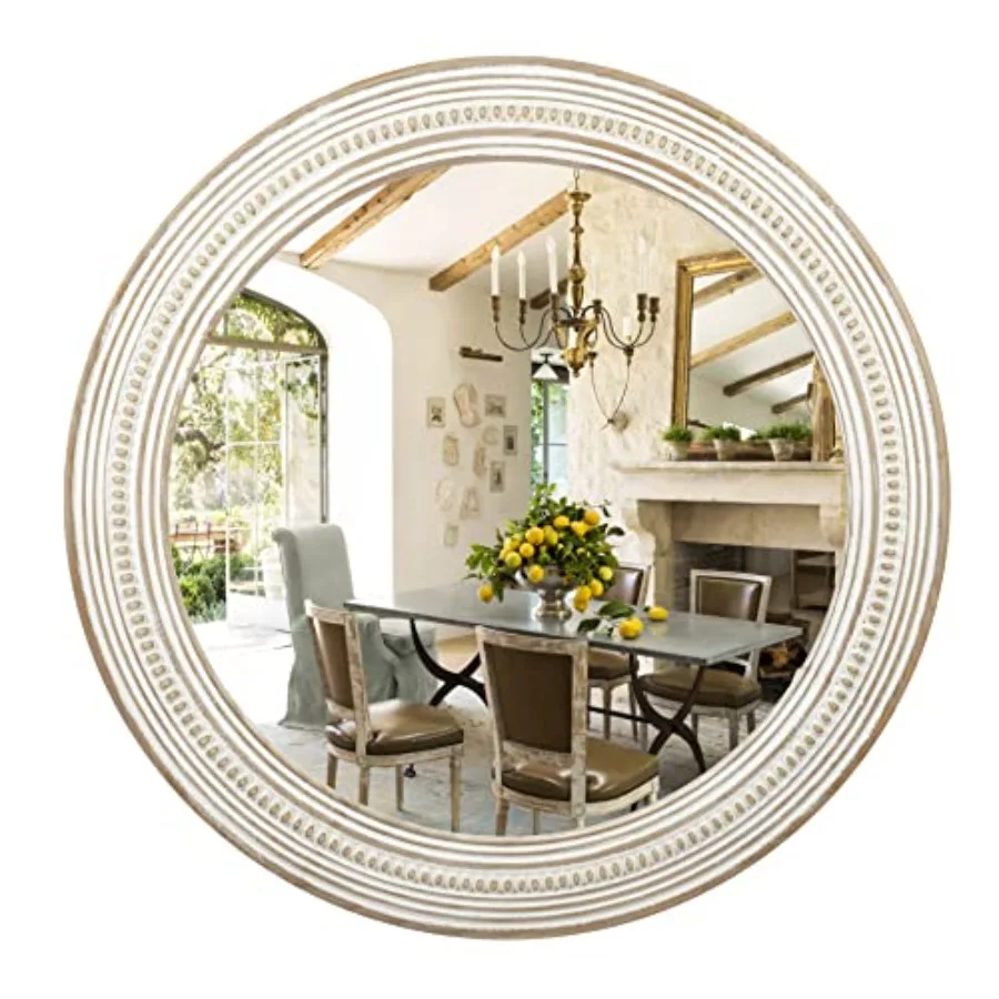 

24 Inch Boho Wooden Round Mirrors for Wall Decor, Rustic Farmhouse Decorative Circle Mirror for Bathroom Over Sink, Living Room