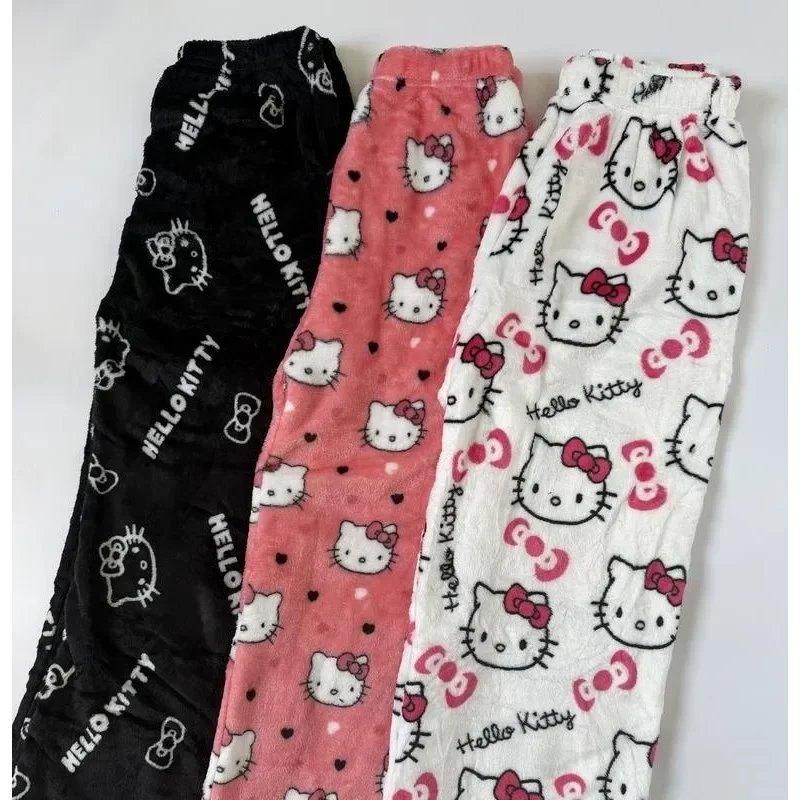 Hello Kitty Multi Style Print Flannel Pajama Pants Women Soft Fuzzy Warm Wide Leg Loose Home Sleep Loungewear Trousers 3 Colors