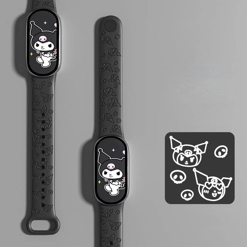 Sanrio Kuromi Silicone Strap for Mi Band Mi3 Mi4 Mi5 Mi6 Mi7 Mi8 Xiaomi Embossed Cartoon Anime Kawaii Replacement Sports Strap