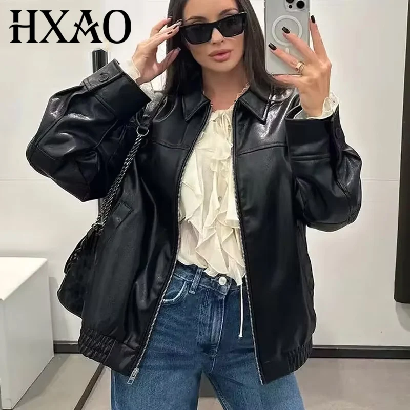 

HXAO Women's Jackets Cropped Faux Leather Jacket Women Autumn Long Sleeve Black Bomber Jackets Fashion Demi-Season Jacket