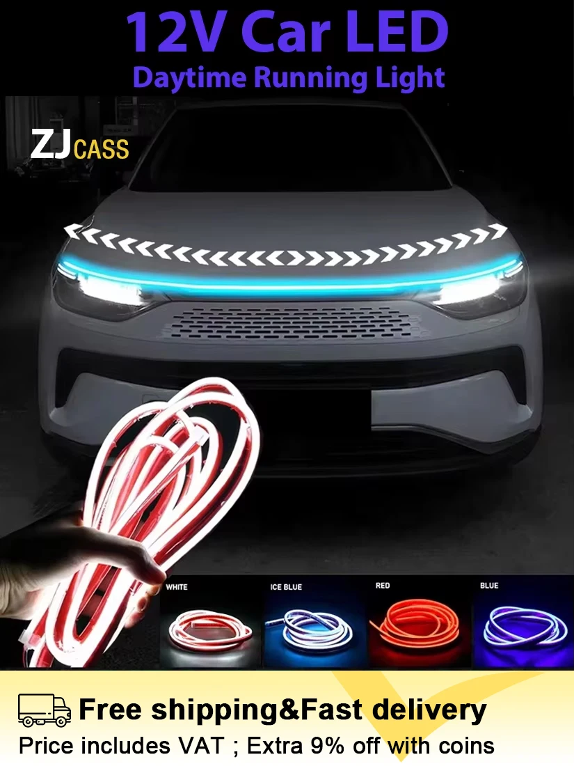 12V Car LED Daytime Running Light Scan Starting Car Hood Light Strip 1.5m/1.8m/2m/2.2m/2.4m Waterproof Auto Decorative Neon Lamp