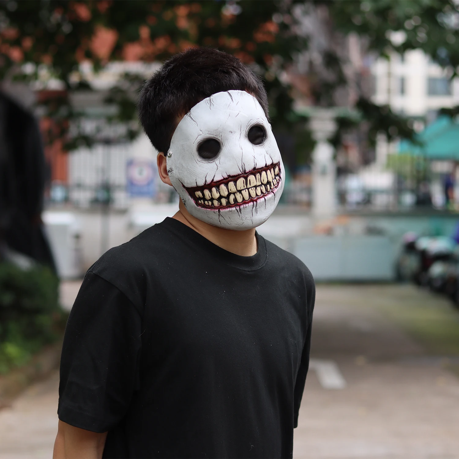 Maska Horror Demon Uśmiechnięta Twarz Czaszka Cosplay Diabeł Zabójca Lateksowe Maski Halloween Karnawał Przebranie Impreza Kostium Rekwizyty