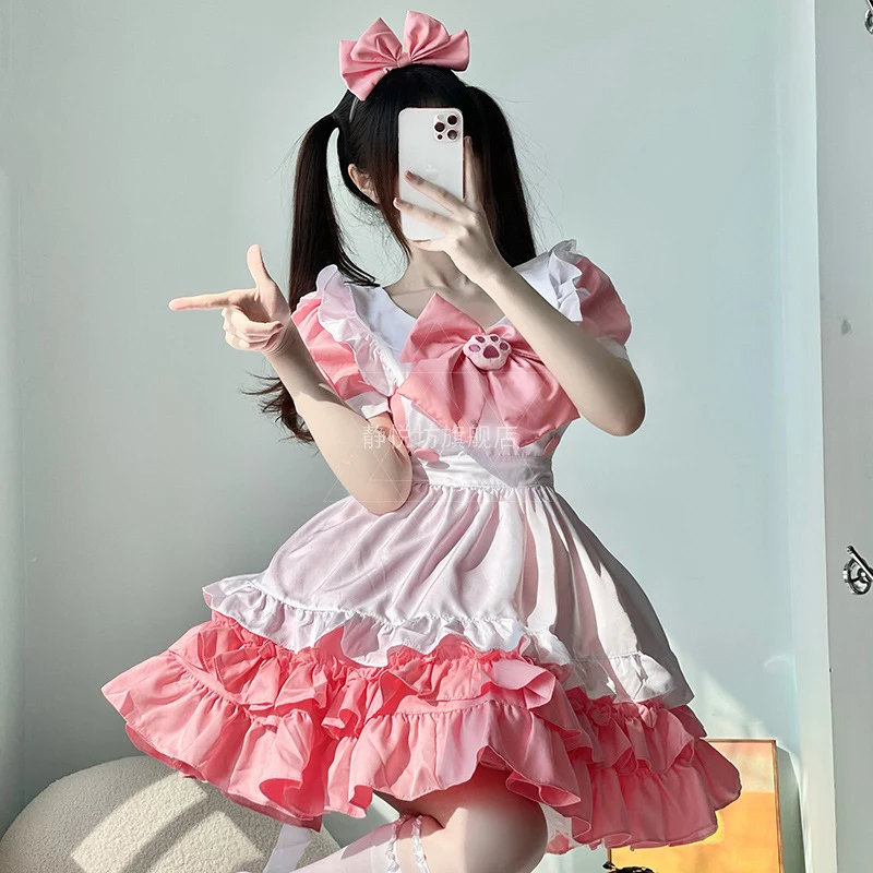 Seksowny Plus Size pokojówka Cosplay głęboki dekolt garnitur alicja różowy kot sukienka z kokardą śliczna księżniczka Lolita miękka dziewczyna strój Disfraz Anime