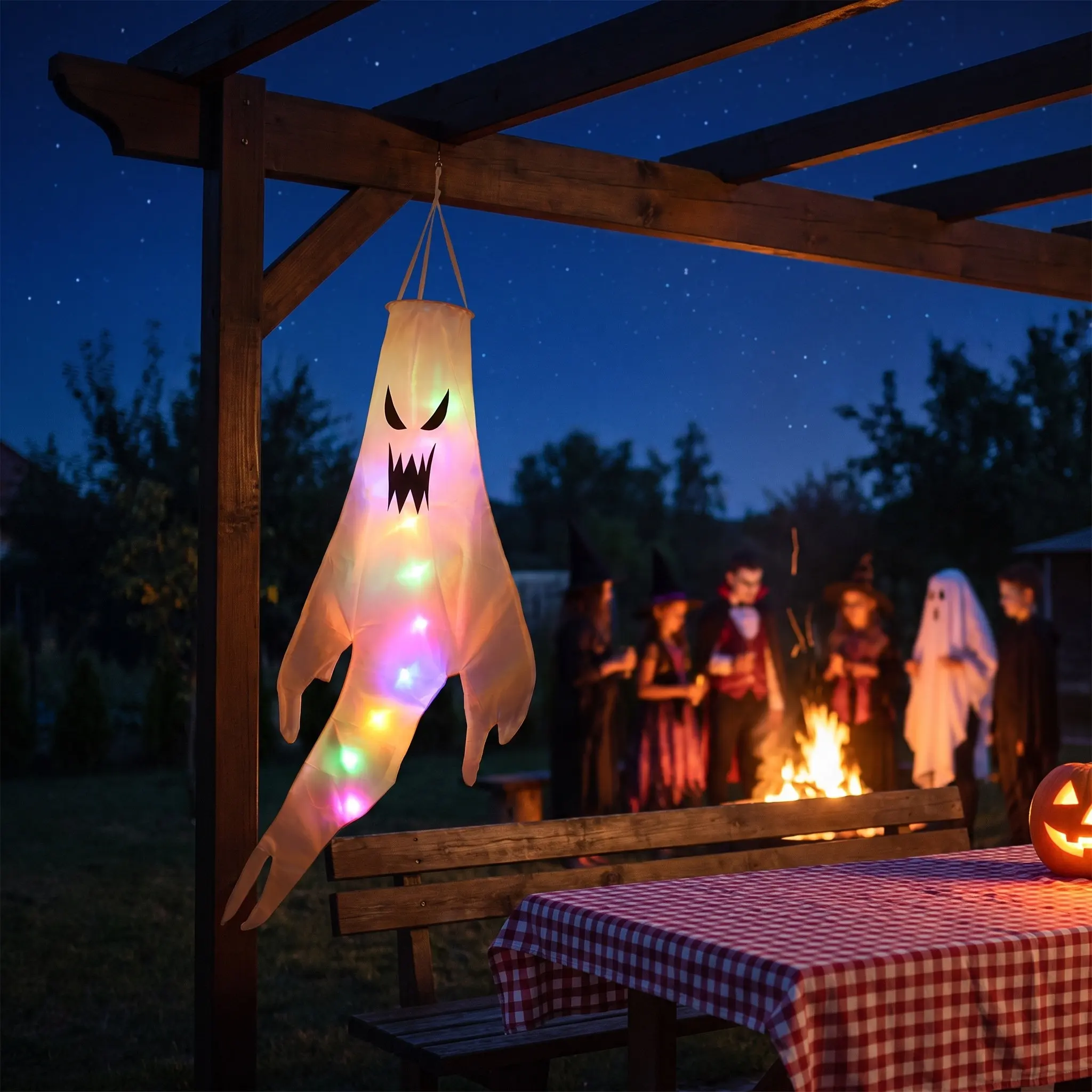 4Pcs Glowing Ghost Windsock Halloween Flags Lightweight Polyester Hanging Outdoor Garden Decor Yard Party Decoration
