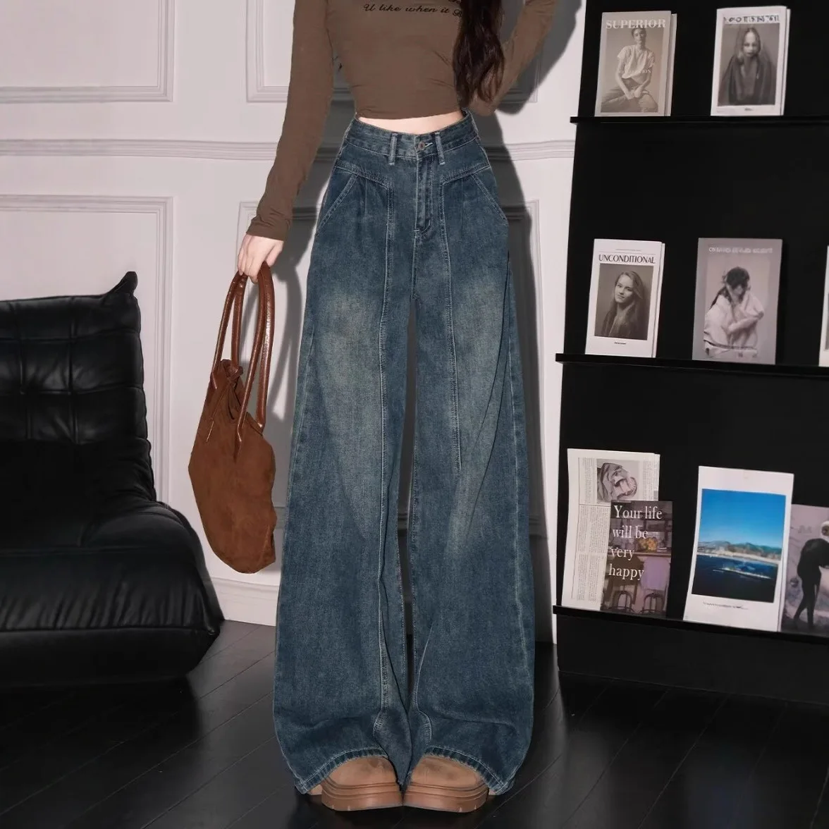 Foreign Trade American Retro Jeans for Women 2026 New Style Slimming Straight Leg Wide Leg Pants Pear Shaped Pants Temperament C