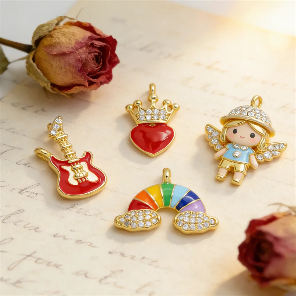 4Pcs Pendant Cute Crown Heart Rainbow Cartoon Guitar Charm Enamel Brass Zircon DIY Jewelry Bracelet Necklace Making Accessory