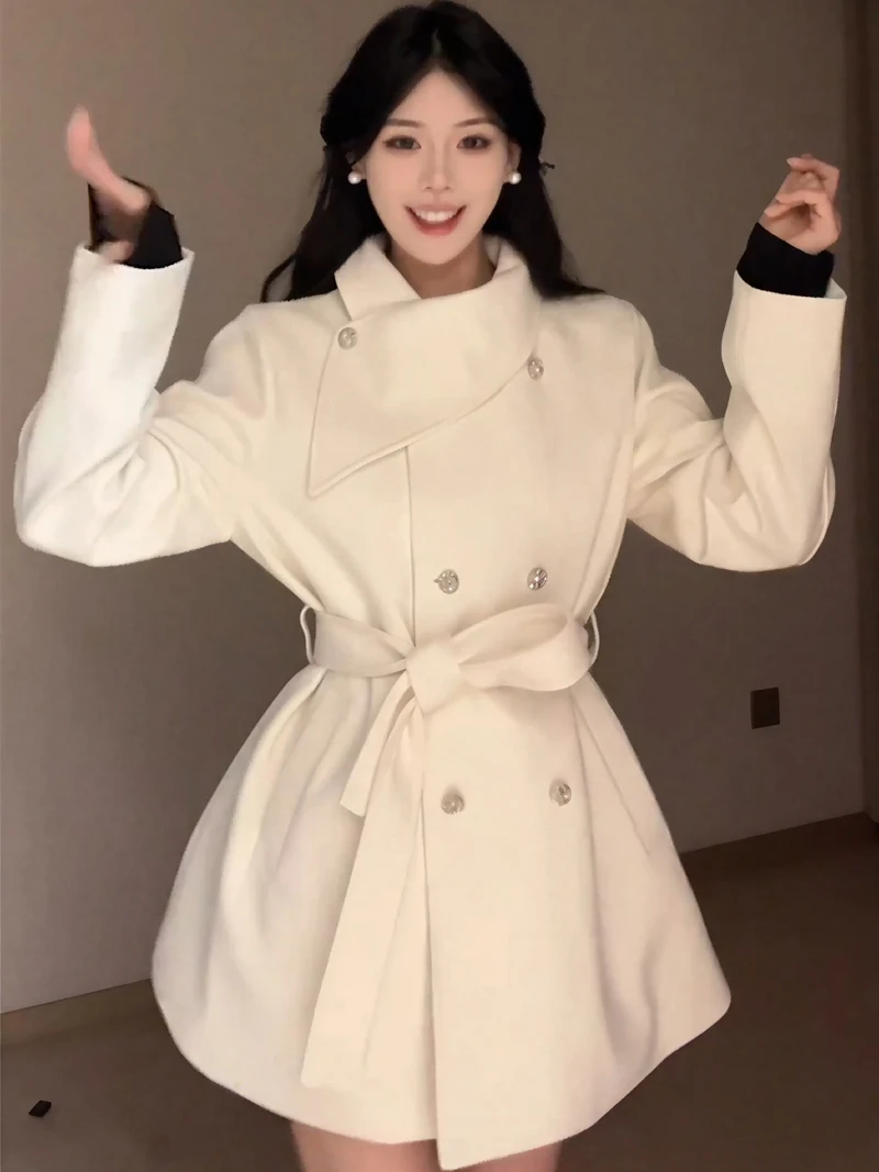 

Wool Blend Coats Womens Woolen Coat Red Autumn Chenille Stand-Up Collar Sashed Elegant Mature Parisian Style Office Lady Commute