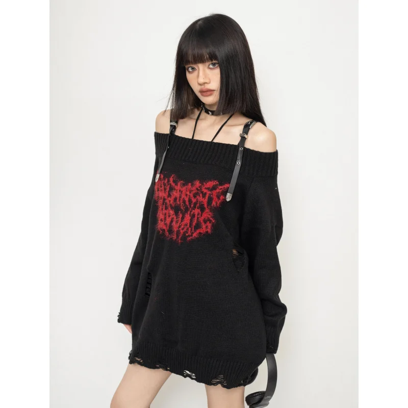 Women\'s Clothing Black Knitting Sweater Off Shoulder Long Sleeves Vintage Casual Korean Fashion Baggy Ladies Spring Grey Tops