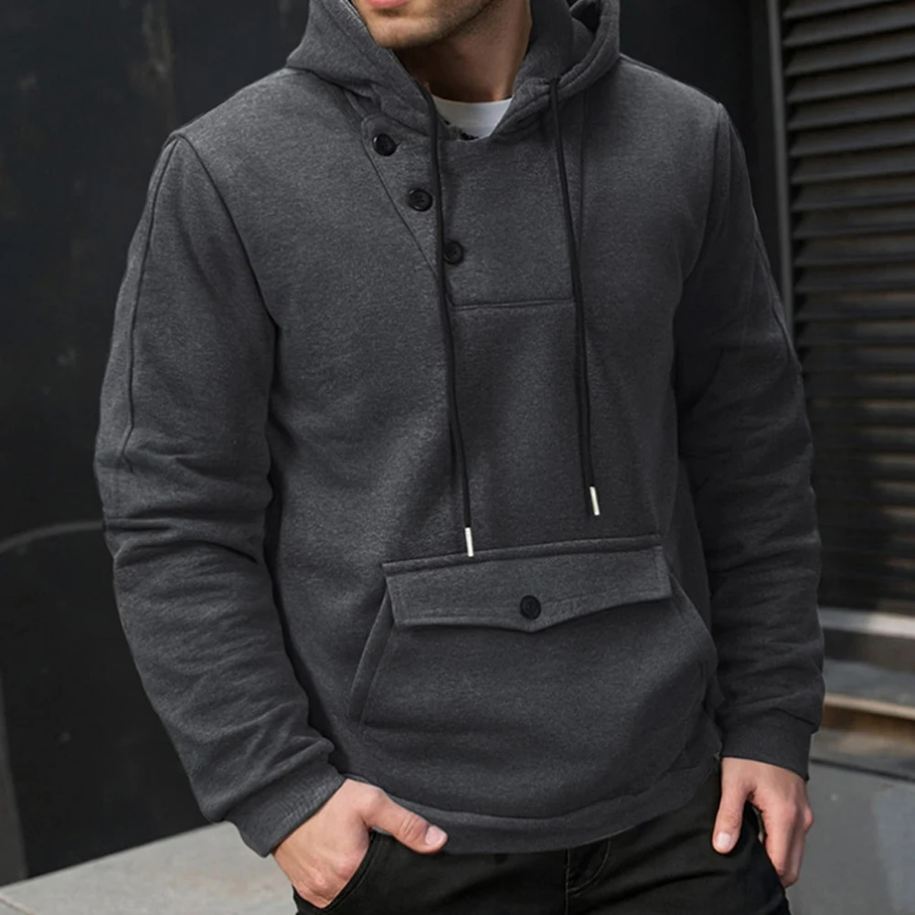 Long Sleeve Top Men Buttoned Hoodie Buttoned Solid Color Warm Lining Long Sleeve Stylish Men's Pullover Hoodie