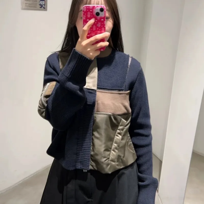 SAC 26 spring splicing short knitted sweater casual stand-up collar short jacket