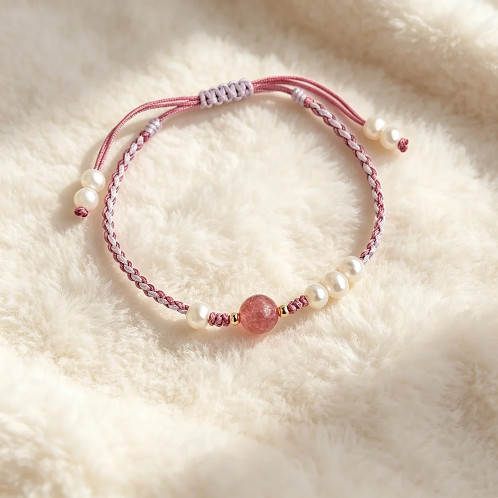 Pink Rope Strawberry Crystal Stone Pearl Weave Bracelet Resizable For Women Fashion Jewelry Handmade Bracelet 2024