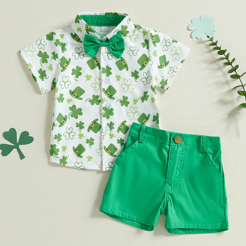 Toddler Boy Spring Outfits Shamrock Print Short Sleeve Button Lapel Shirt with Solid Shorts Set