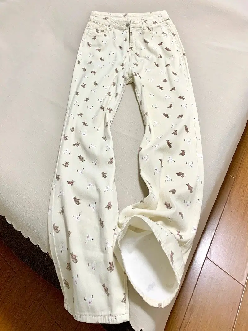 

Printed white slimming jeans for women in 2024, new design niche, high waisted and draped straight leg wide leg pants