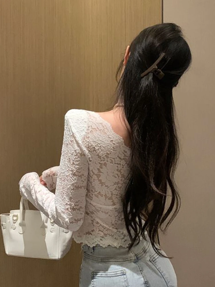 Lace Blouses Women V-neck Hotsweet Korean Style Solid All-match Princess Ladies Chic Temperament Fashion Ulzzang Classic Vintage