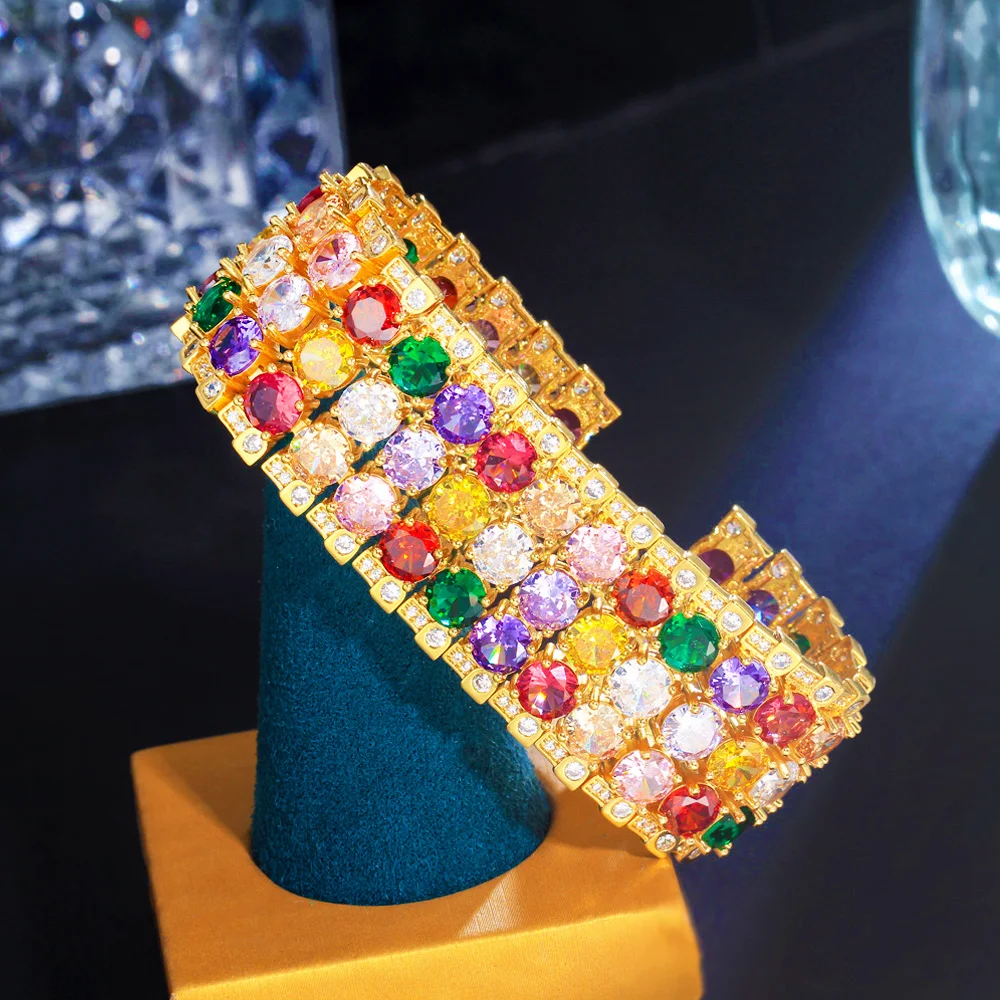 

Pera Luxurious Rainbow Cubic Zirconia Bridal Wedding Big Wide Dubai Gold Color Bangles Bracelets Party Jewelry for Women B255