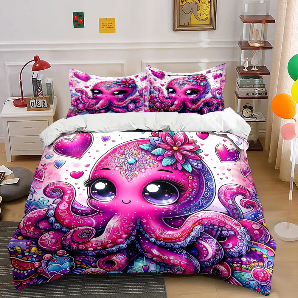 Adorable pink octopus, floral embellishment Bedding Set for Kids Luxury Gift 3pcs Digital Print Comforter Set Soft Comfortable