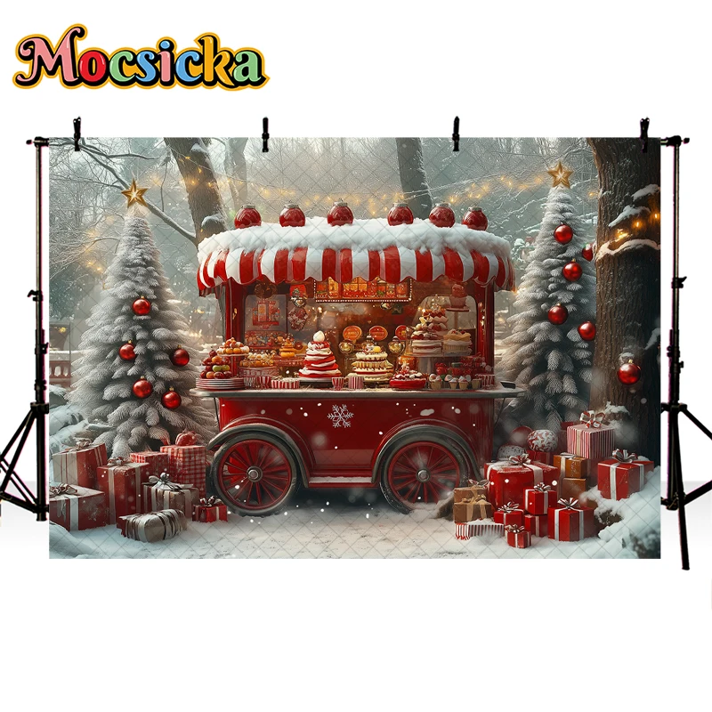 Christmas Candy Stand Photography Background Winter Forest Snow Gift Box Decor Kids Adult Family Portrait Photo Backdrop Studio