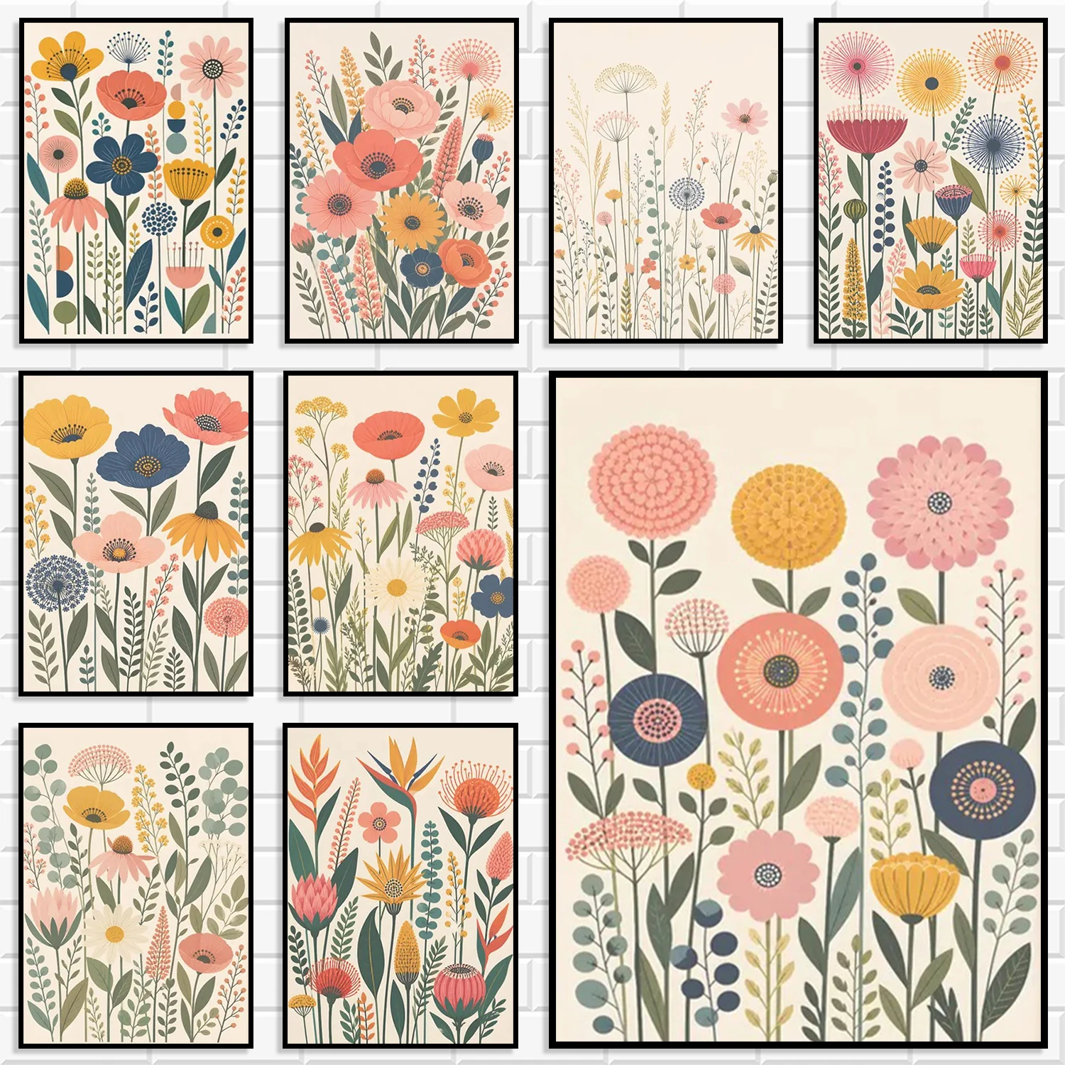 Mid Century Floral Wall Art Prints Set Retro Wildflower Botanical Folk Art Canvas Posters Colorful Vintage Flower Home Decor