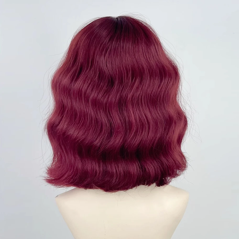 GAKA Synthetic Short Bob Rose Red Women Wavy Wig with Bangs Lolita Cosplay Natural Fluffy Hair Heat Resistant Wig