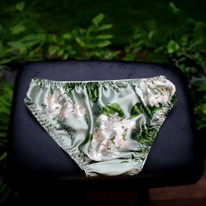 Summer Floral Print Ice Silk Men See Through Lingerie Panties Plus Size Underwear Sexy Medium Waist Briefs view 4