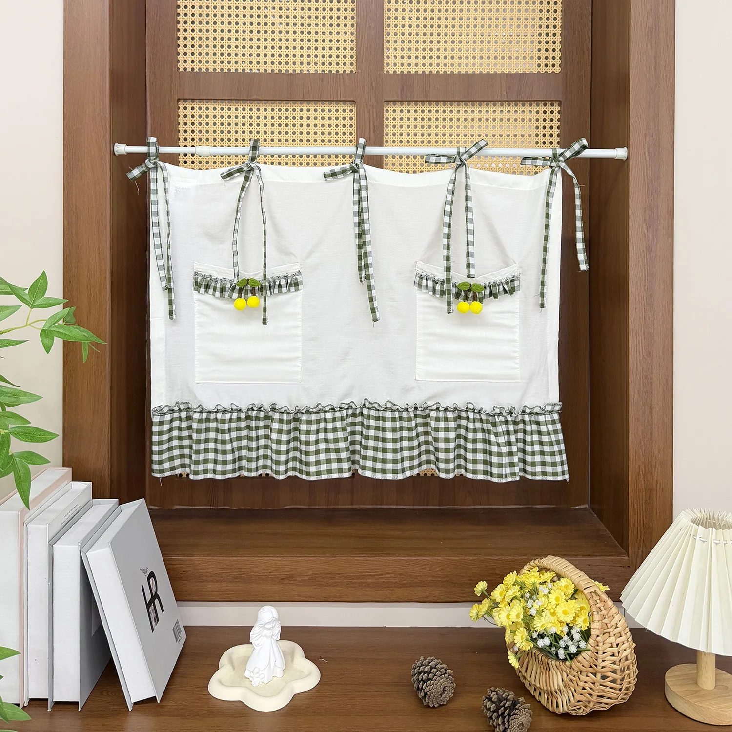 Retro Green Plaid Cabinet Storage Curtain, Farmhouse Country Tie-up Oven Curtain for Kitchen Windows, Extra Narrow Curtain