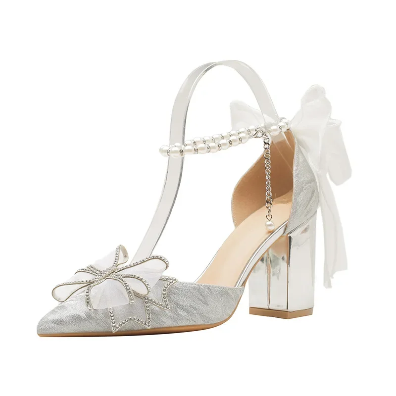 

Весна 2026, новые женские босоножки на высоком каблуке с острым носком, элегантная обувь больших размеров на массивном каблуке с серебряными блестками